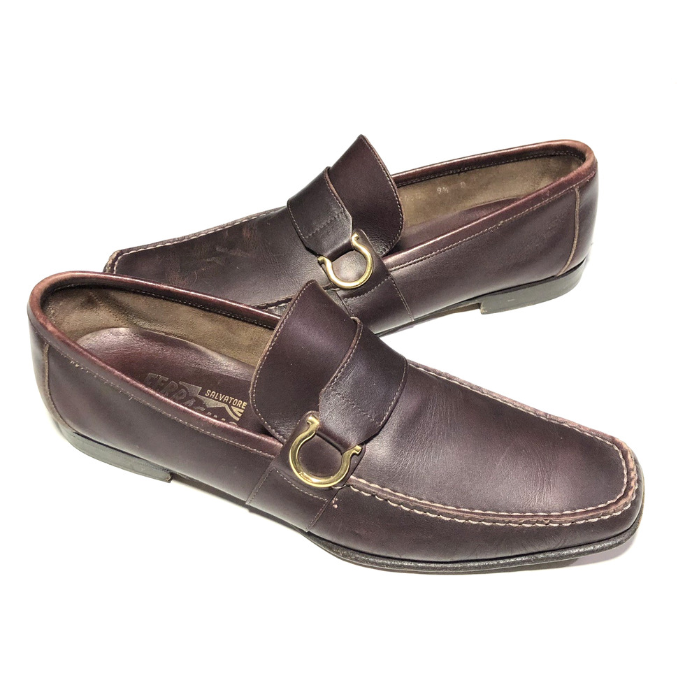 Salvatore Ferragamo Gancini Ornament Slip On Leather Loafers Shoes 9.5D Brown